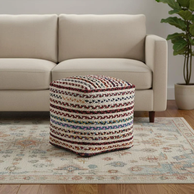 18 Natural and Rainbow Jute and Upholstery Striped Pouf Ottoman