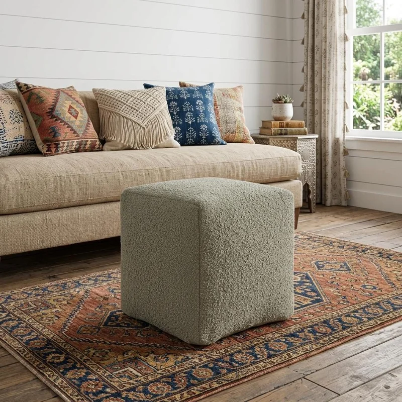 18 Sage Boucle Pouf Ottoman
