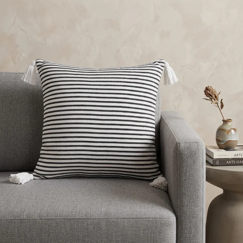 20 Black And White Striped Cotton Throw Pillow Cover with Tassels