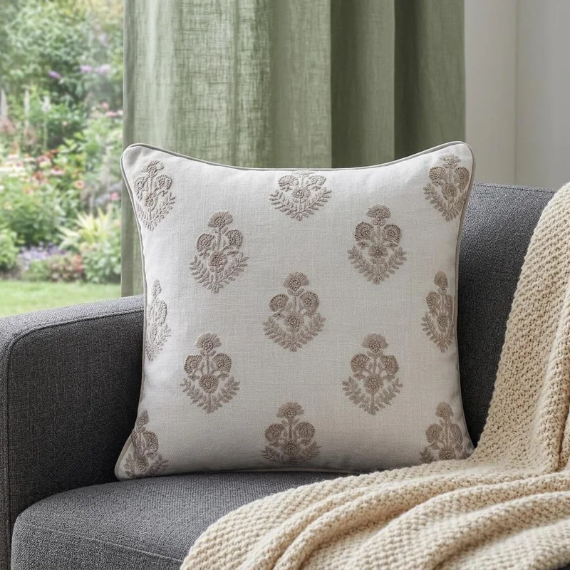 20 Off White And Taupe Floral Linen Throw Pillow Cover with Embroidery