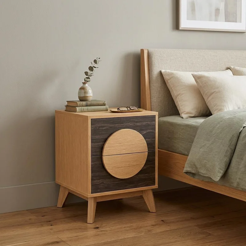 21 Oak And Dark Brown Solid Wood Square Two Drawer Nightstand