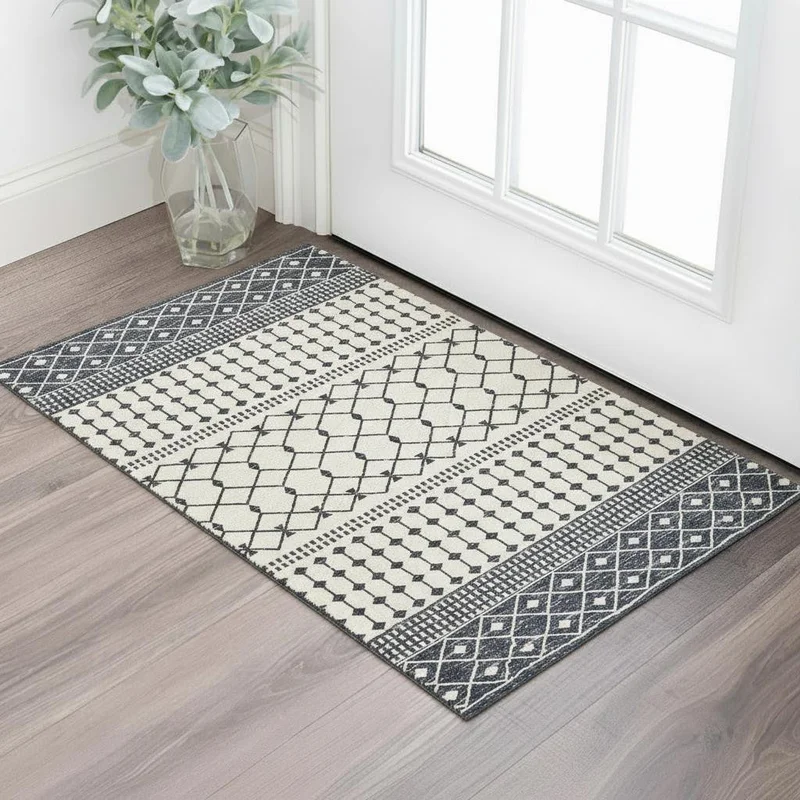 3 X 5 Dark Gray And White Geometric Distressed Washable Area Rug