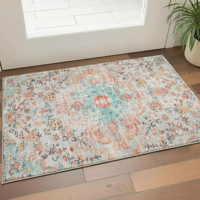 3 X 5 Teal Orange And Gray Medallion Distressed Washable Area Rug