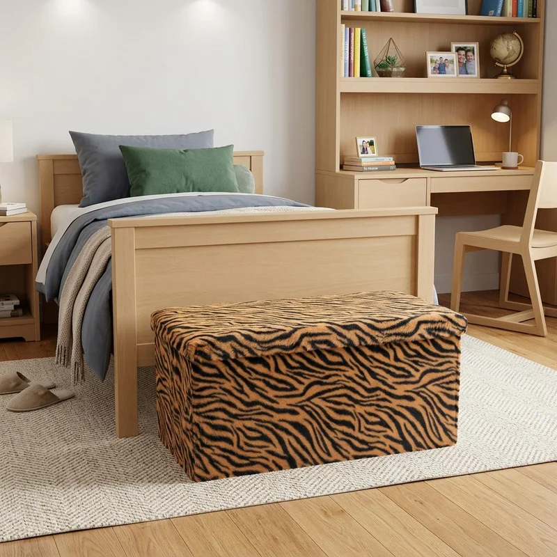 30 Black and Tan Faux Fur Tiger Storage Ottoman