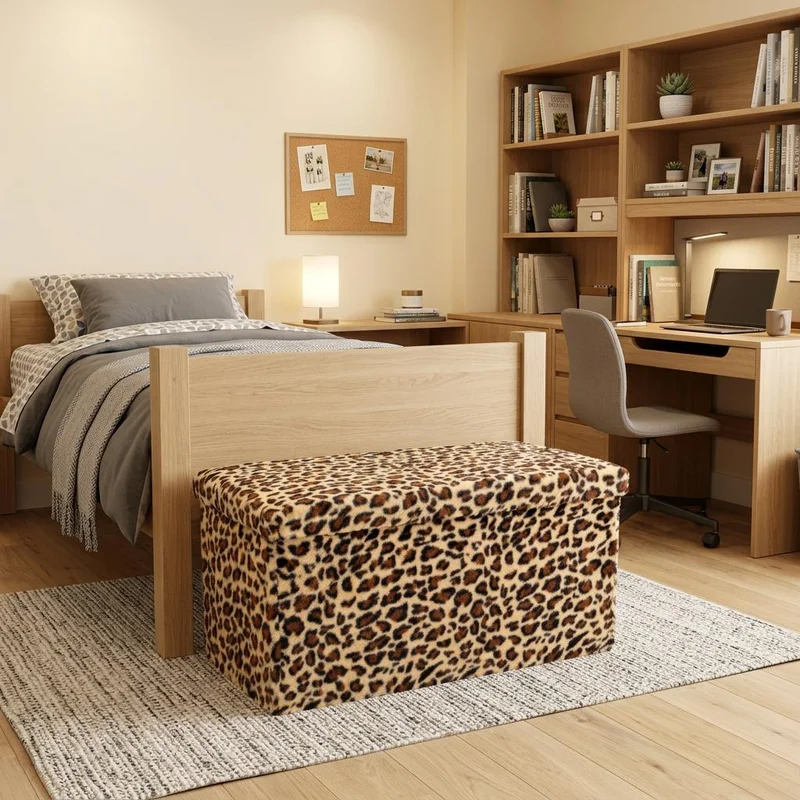 30 Tan and Black Faux Fur Leopard Storage Ottoman