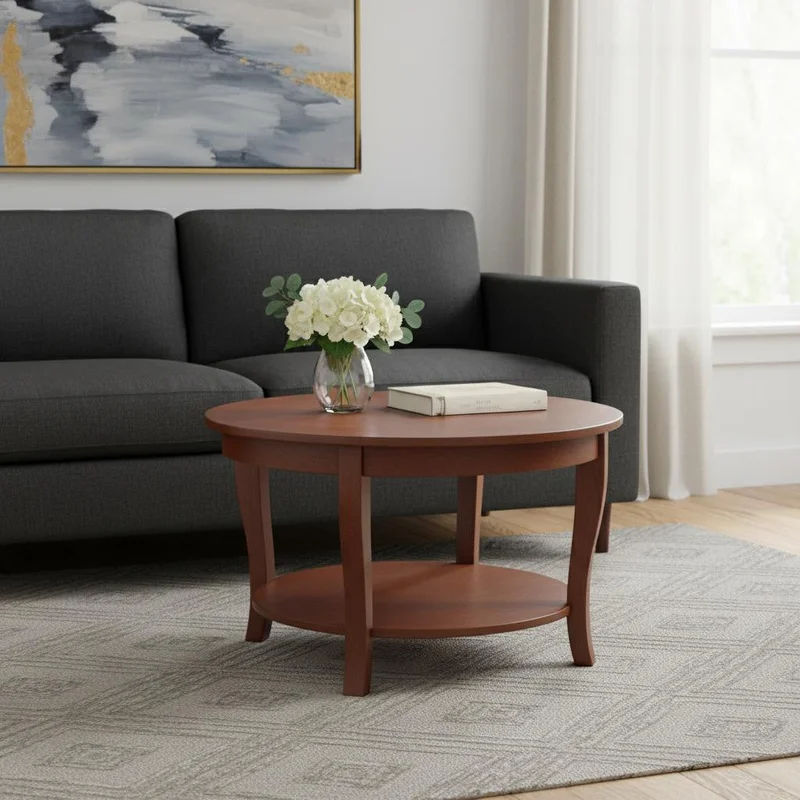 30 Walnut Wood Round Coffee Table With Shelf