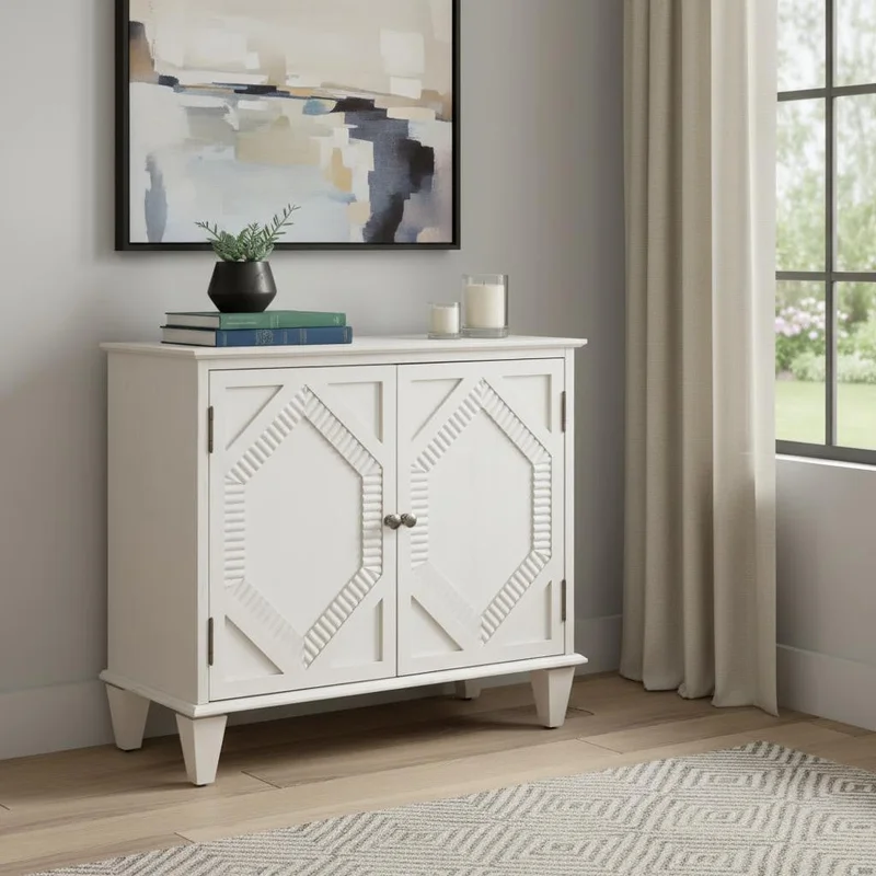 34 White Wood Carved Geometric Accent Cabinet With Two Doors