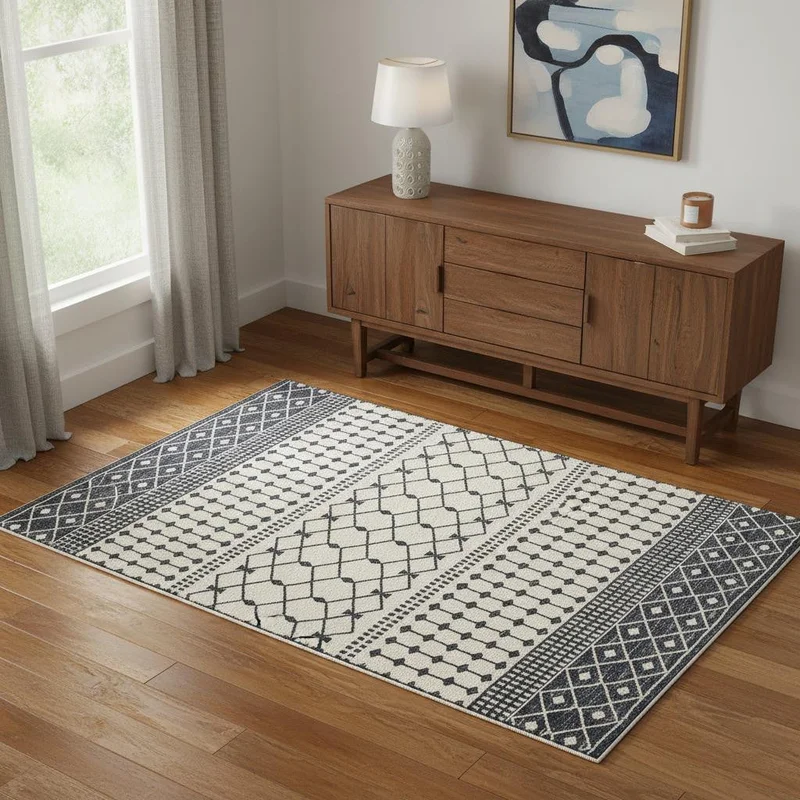 4 X 6 Dark Gray And White Geometric Distressed Washable Area Rug