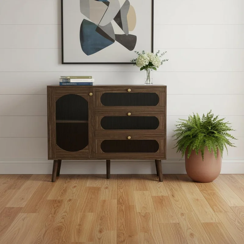 40 Brown Wood Three Drawer Sideboard With Glass Doors