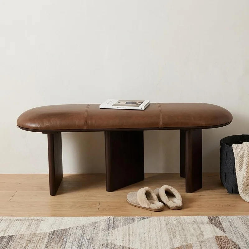 48 Brown Genuine Leather and Solid Wood Upholstered Bench