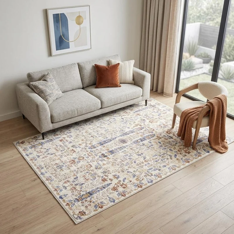 5 X 7 Brown Blue And Beige Floral Medallion Washable Area Rug