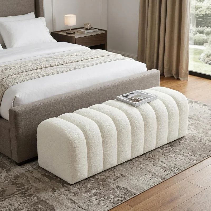 59 White Tufted Boucle Upholstered Bench