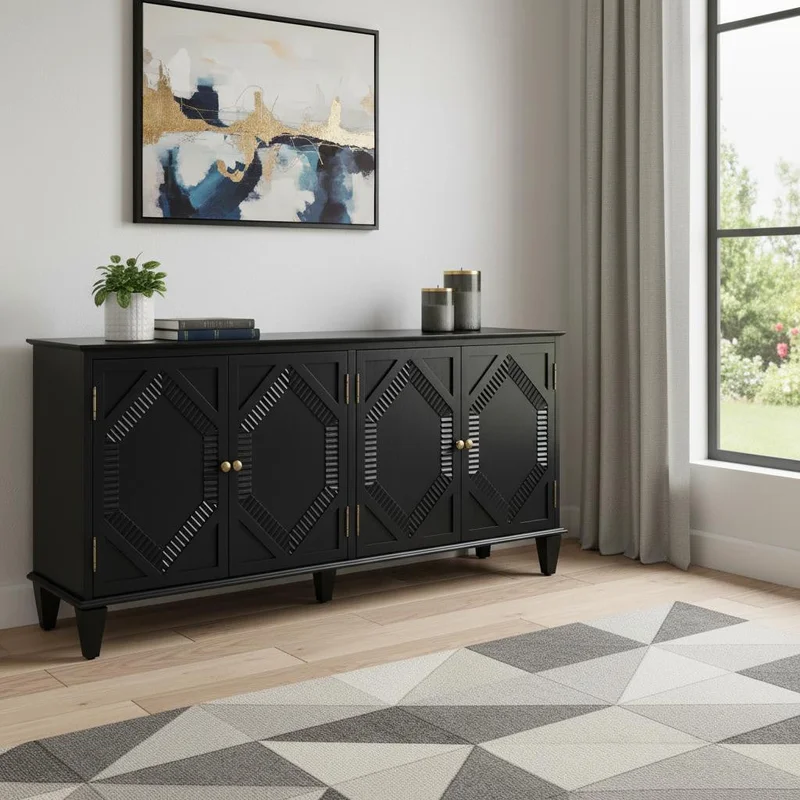 66 Black Wood Carved Geometric Accent Cabinet With Four Doors