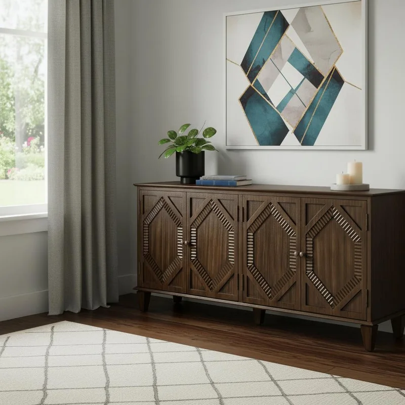 66 Brown Wood Carved Geometric Accent Cabinet With Four Doors