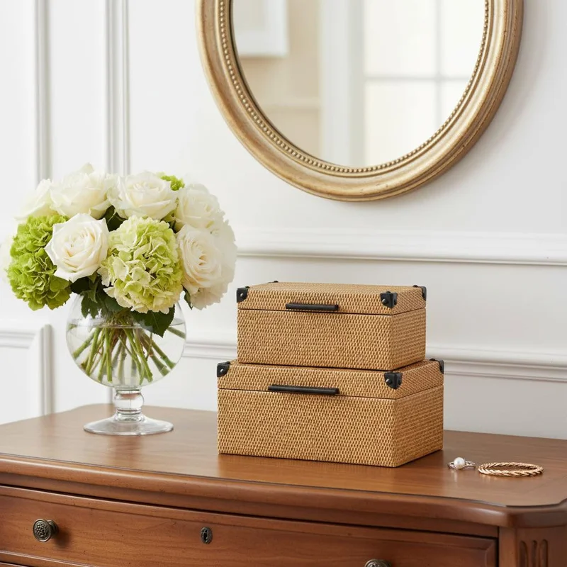 Set of Two Brown And Black Faux Rattan Nesting Storage Boxes With Lids
