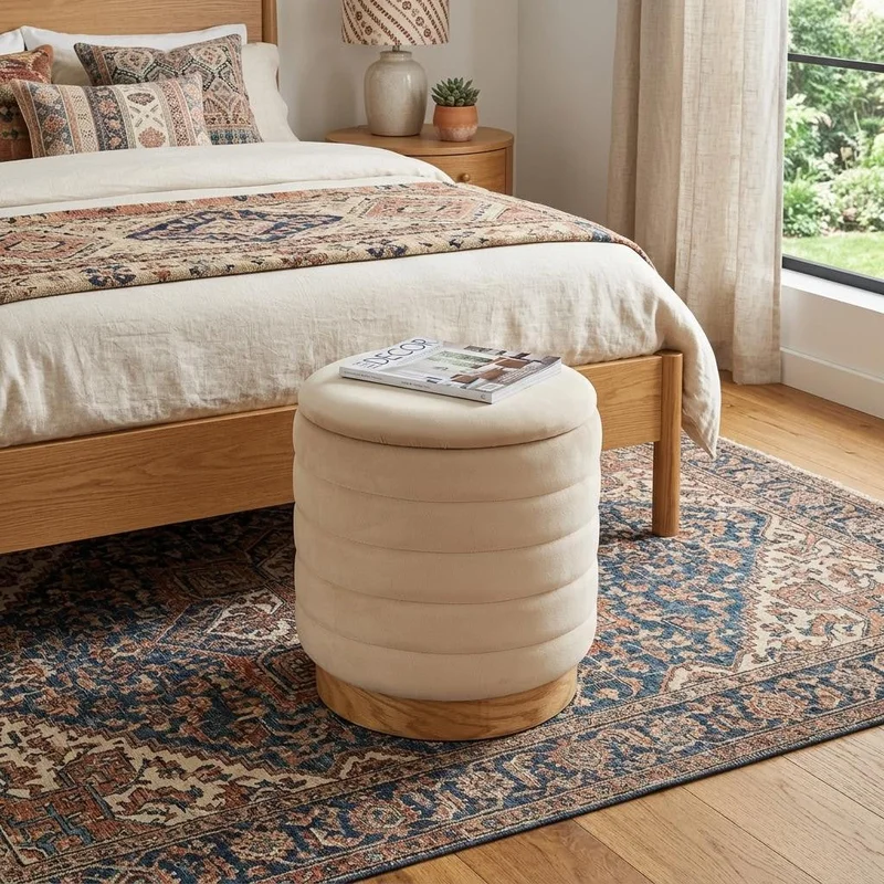 16 Beige and Natural Velvet Tufted Cylinder Storage Ottoman