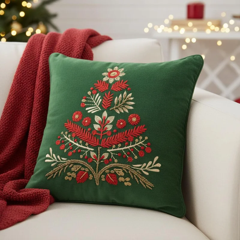 18 Green And Red Floral Velvet Cotton Christmas Tree Throw Pillow