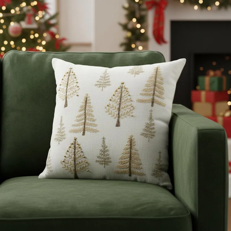 18 Natural Silver And Gold Cotton Christmas Trees Throw Pillow With Beads And Embroidery