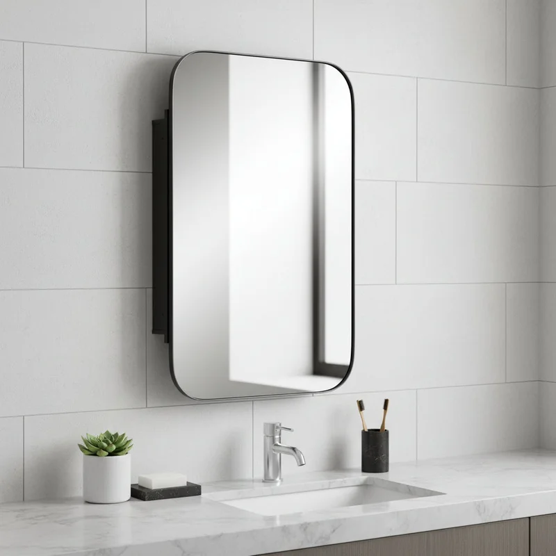 24 Black Metal Framed Bathroom Vanity Mirror With Cabinet