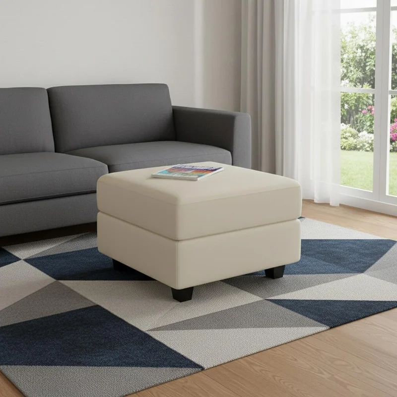 26 Beige and Black Faux Leather Storage Ottoman
