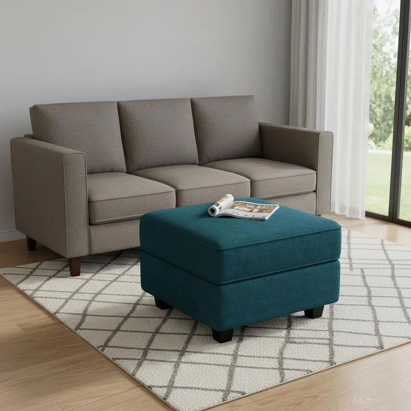 26 Teal Blue and Black Solid Wood and Microfiber Storage Ottoman