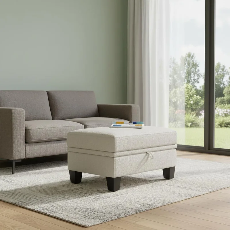 29 Beige and Black Chenille Storage Ottoman
