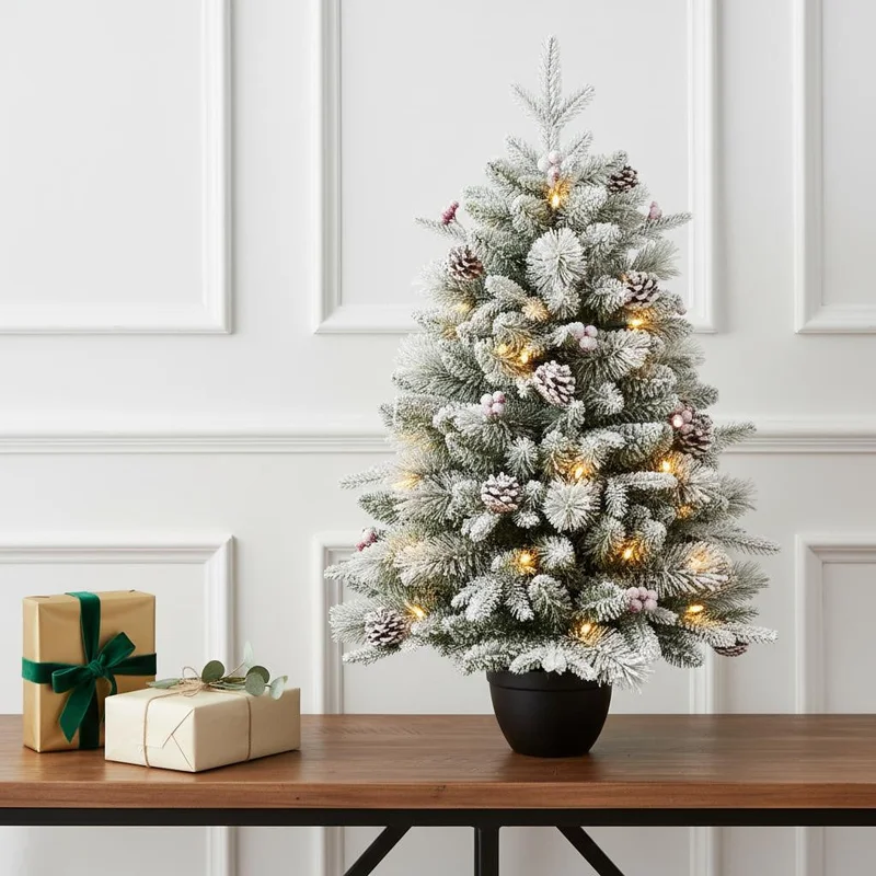 3 Full Flocked Pine Christmas Tree With Decorations