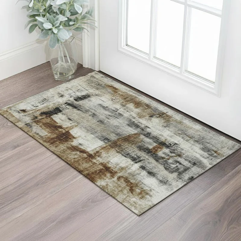 3 X 5 Taupe Charcoal And Brown Abstract Washable Area Rug With UV Protection