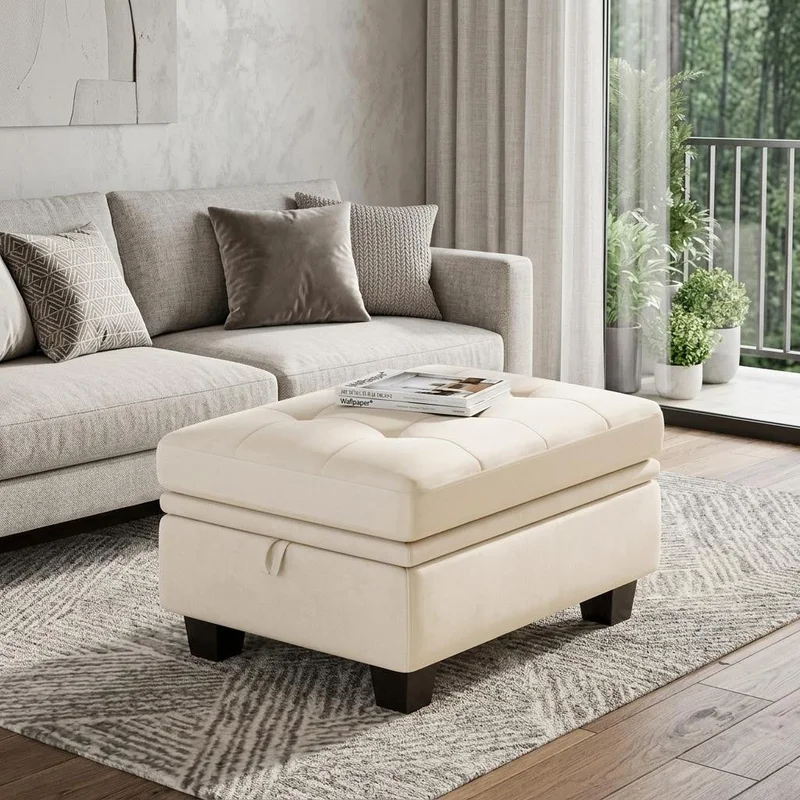 32 Beige and Black Velvet Tufted Storage Ottoman