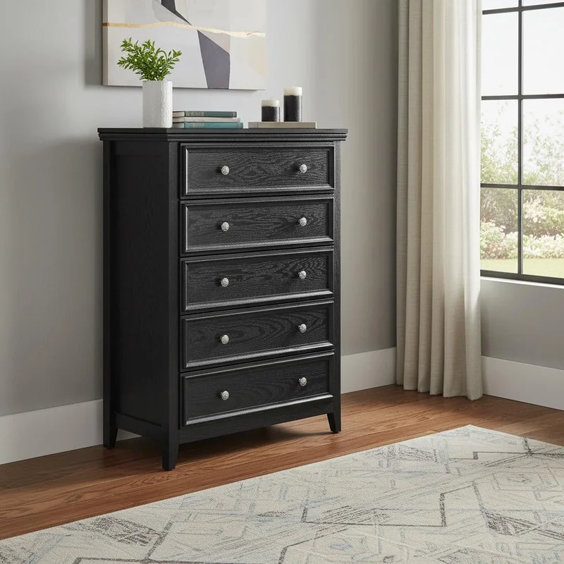 32 Black Wood Five Drawer Dresser