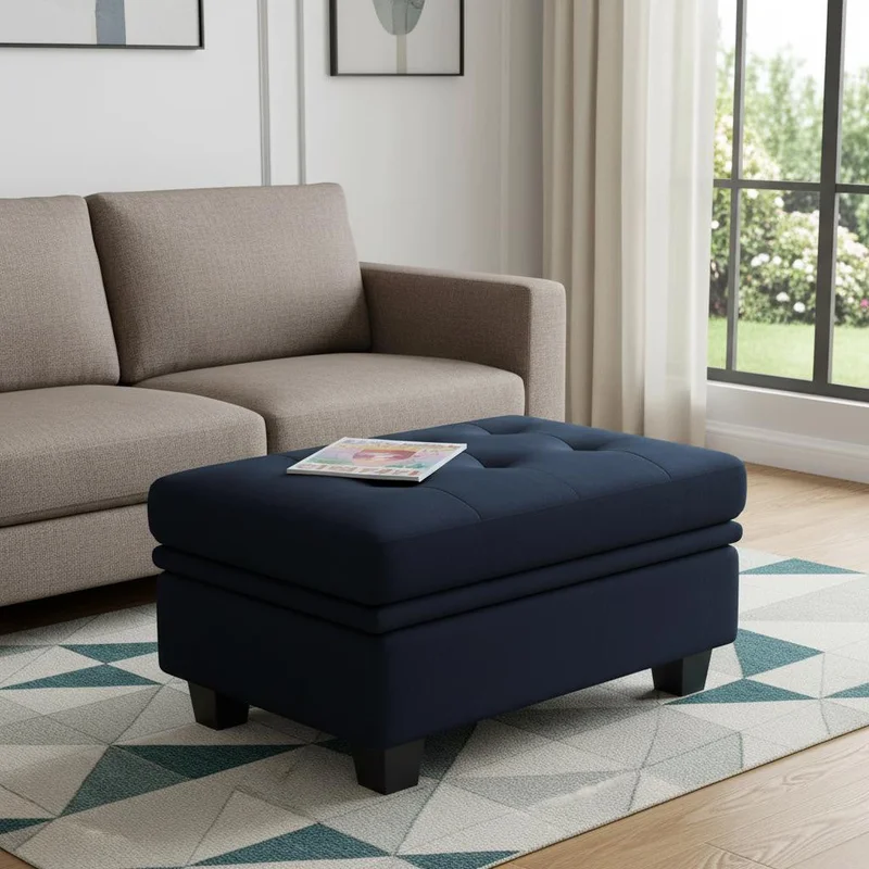32 Blue and Black Velvet Tufted Storage Ottoman