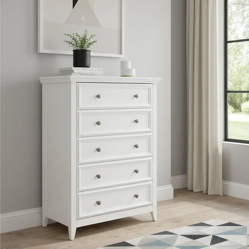 32 White Wood Five Drawer Dresser