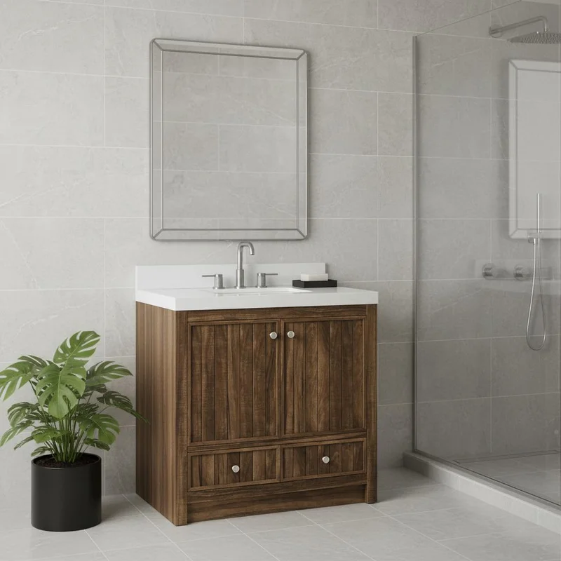 36 Brown Wood Freestanding Bathroom Vanity With White Quartz Countertop