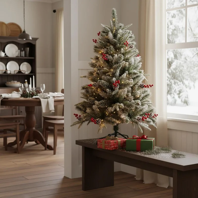 4 Green And White Pre Lit Full Flocked Pine Christmas Tree With Decorations