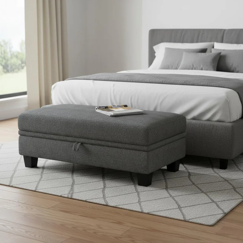 46 Light Gray and Black Chenille Storage Ottoman
