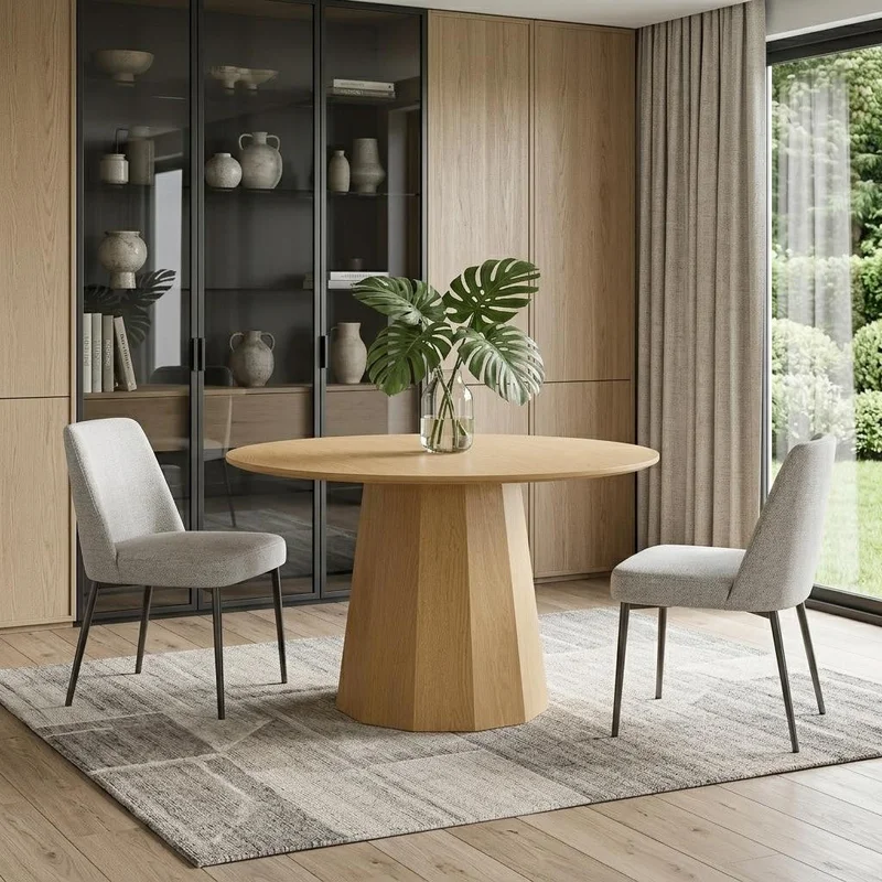 46 Oak Wood Pedestal Base Straight Edge Round Top Dining Table