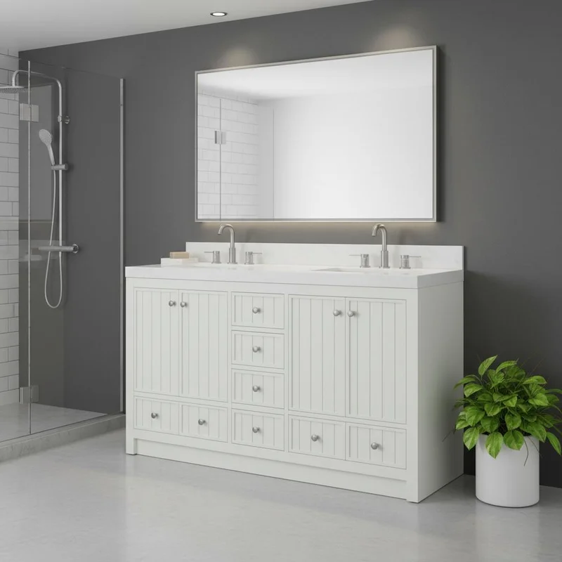 60 White Wood Double Bathroom Vanity With White And Gray Quartz Countertop
