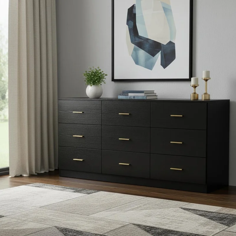 63 Black Wood Nine Drawer Triple Dresser