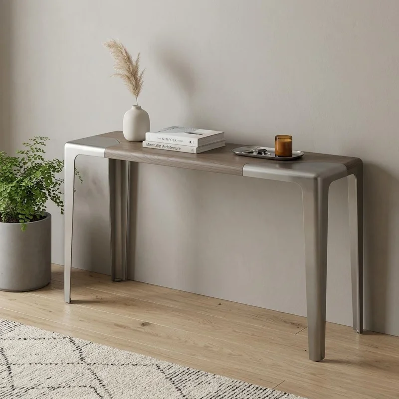 63 Light Gray and Nickel Wood and Stainless Steel Console Table