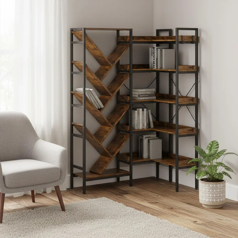 69 Brown And Black Wood And Metal Ten Tier Corner Bookcase
