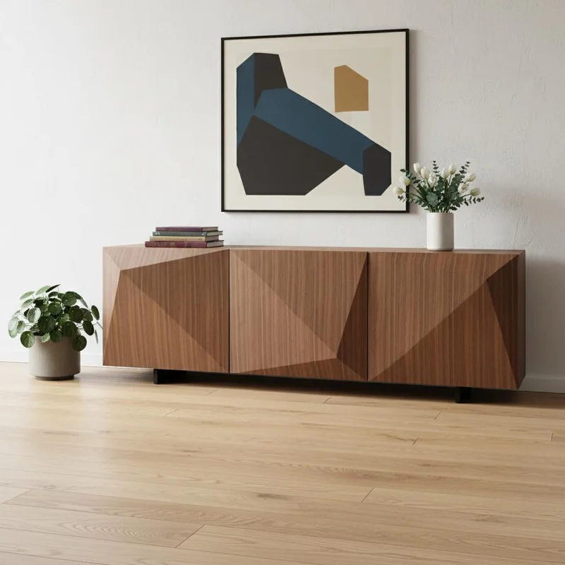 87 Walnut Wood Carved Geometric Buffet Table With Three Doors