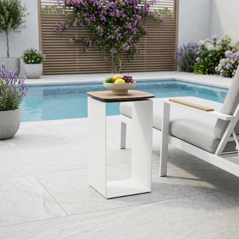 12 White And Brown Aluminum And Heavy Duty Resin Outdoor Side Table