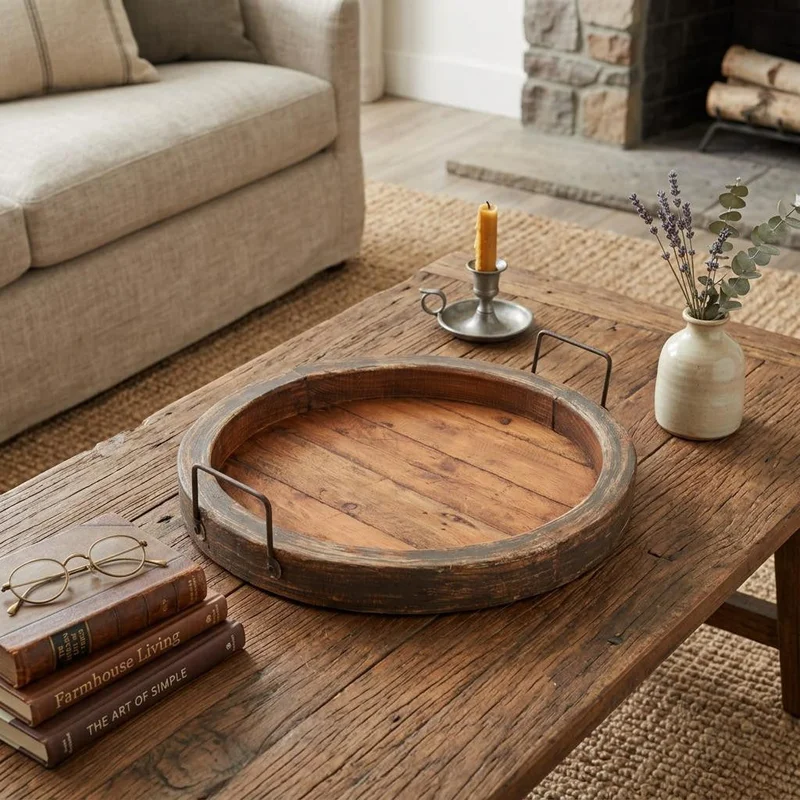 15 Gray And Natural Solid Wood Handmade Round Serving Tray With Handles