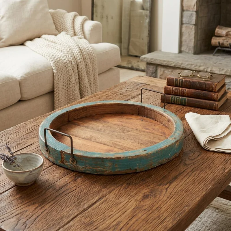 15 Natural And Turquoise Solid Wood Handmade Round Serving Tray With Handles