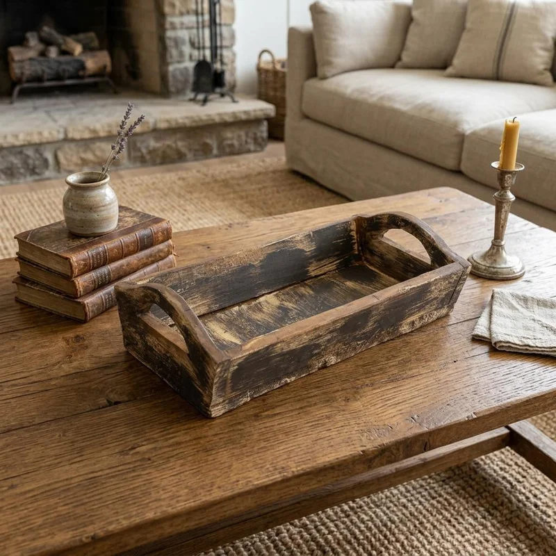 20 Dark Brown Reclaimed Wood Handmade Serving Tray With Handles