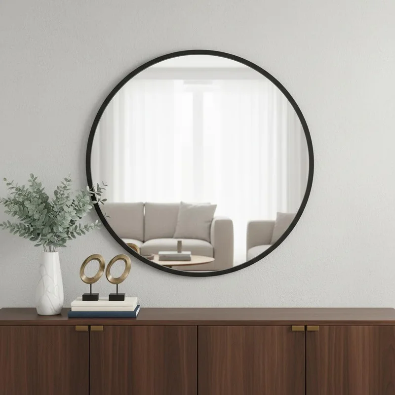 24 Black Aluminum Round Framed Accent Mirror