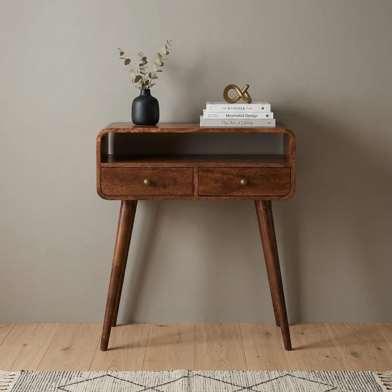 24 Brown Solid Wood Console Table With Shelf And Two Drawers