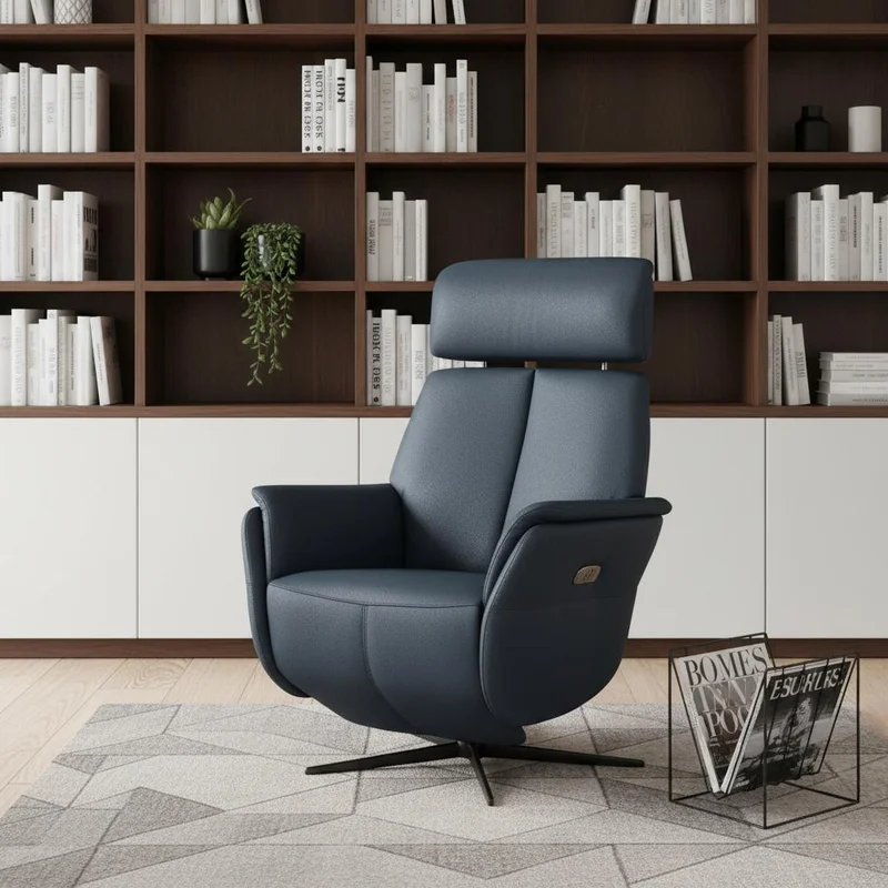 28 Blue Genuine Leather Power Swivel Recliner
