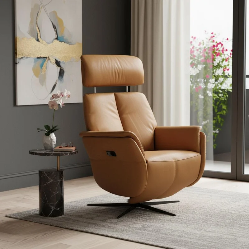 28 Camel Genuine Leather Power Swivel Recliner