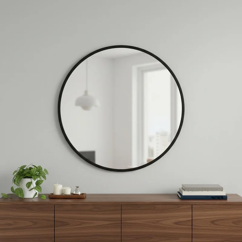 30 Black Aluminum Round Framed Accent Mirror